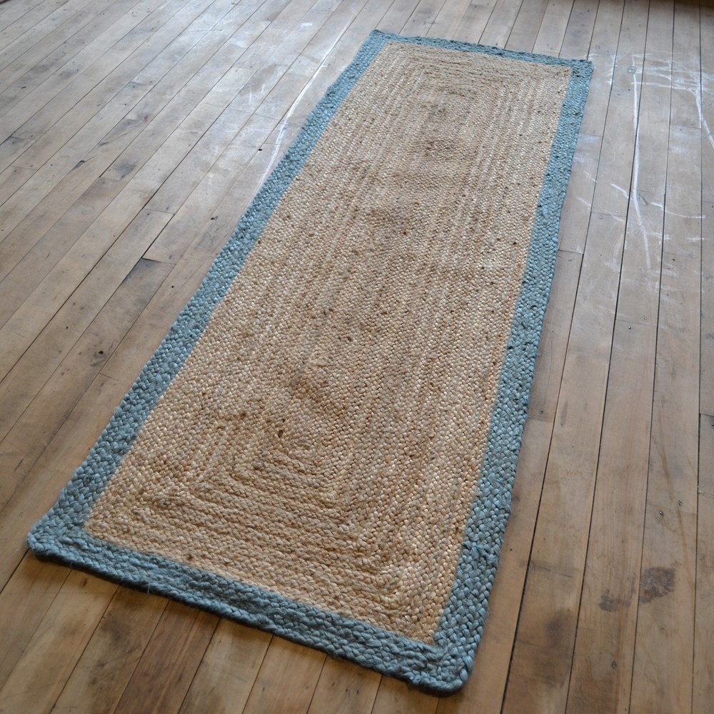 Jute Bordered Natural Fabric Hallway Runner in Duck Egg Blue